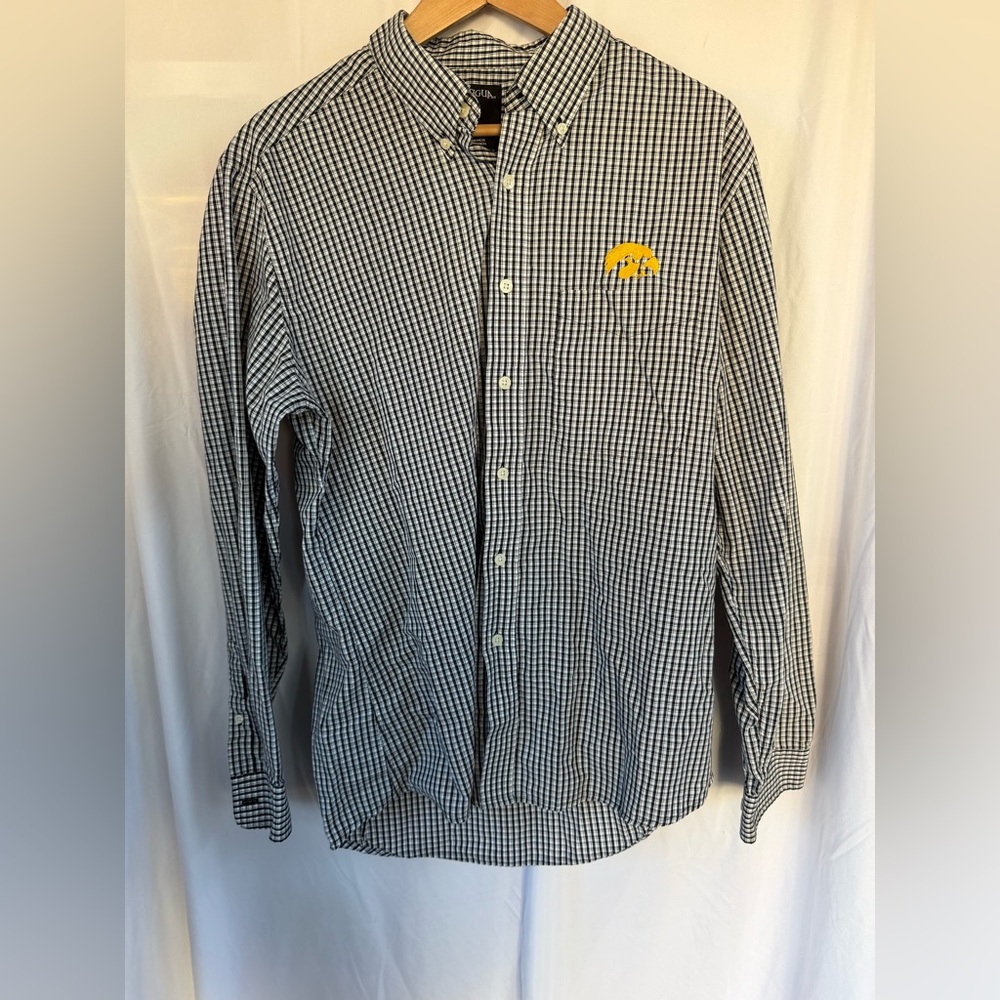 Antigua Men’s Black & White Gingham Button-Up Shirt Jacket with Iowa Hawks Logo
